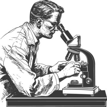 hombre científicos mirando mediante microscopio con grabado estilo vector