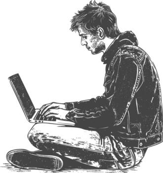 man playing on laptop while sitting cross legged with engraving style vector