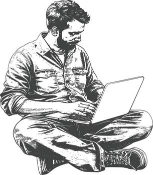 hombre jugando en ordenador portátil mientras sentado cruzar patas con grabado estilo vector