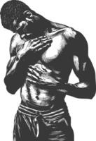 man holding stomach in pain with engraving style vector