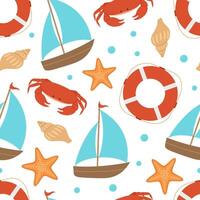 Nautical seamless pattern with lifebuoy, sailboat, crab, starfish, shell and bubbles. Marine background. Flat illustration isolated on white vector