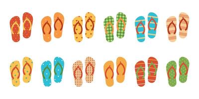 Set of colored flip flops with different patterns. Slippers collection for vacation. Beach sandals. Flat illustration isolated on white background vector