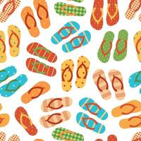 Seamless pattern with flip flops. Colored slippers with different ornaments on white background. Beach sandals. Flat illustration vector