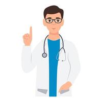 A doctor in glasses points his index finger up.General practitioner in medical uniform with stethoscope. vector