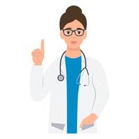 A doctor in glasses points his index finger up.General practitioner in medical uniform with stethoscope. vector