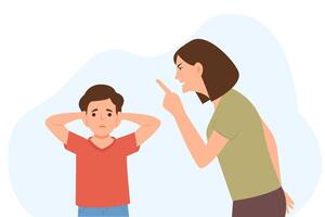 Angry Mother Shouting at his son. Woman punishing sad kid for breaking rules or bad behavior.Kid covering ears from aggression. Family Problem And Bad Relationship vector