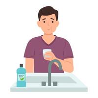 Man rinsing his mouth.Boy using mouthwash for fresh breath. Dental health concepts. vector