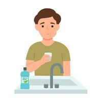 Cute kid rinsing and gargling her mouth.Boy using mouthwash for fresh breath. Dental health concepts. vector