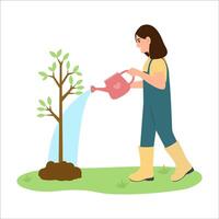Happy kid watering flowers in the pot with watering can vector