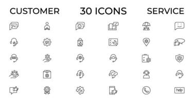 Customer service icon set. Containing customer satisfied, assistance, experience, feedback, operator and technical support icons. Thin outline icons pack. vector