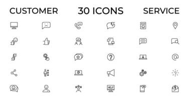 Customer service icon set. Containing customer satisfied, assistance, experience, feedback, operator and technical support icons. Thin outline icons pack. vector