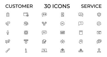 Customer service icon set. Containing customer satisfied, assistance, experience, feedback, operator and technical support icons. Thin outline icons pack. vector