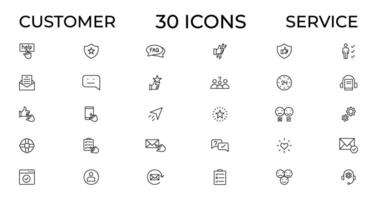Customer service icon set. Containing customer satisfied, assistance, experience, feedback, operator and technical support icons. Thin outline icons pack. vector