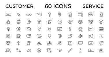 Customer service icon set. Containing customer satisfied, assistance, experience, feedback, operator and technical support icons. Thin outline icons pack. vector