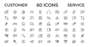 Customer service icon set. Containing customer satisfied, assistance, experience, feedback, operator and technical support icons. Thin outline icons pack. vector