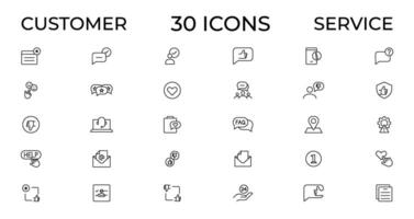 Customer service icon set. Containing customer satisfied, assistance, experience, feedback, operator and technical support icons. Thin outline icons pack. vector