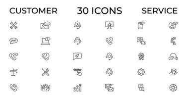Customer service icon set. Containing customer satisfied, assistance, experience, feedback, operator and technical support icons. Thin outline icons pack. vector