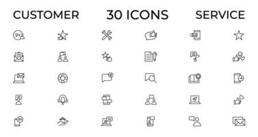 Customer service icon set. Containing customer satisfied, assistance, experience, feedback, operator and technical support icons. Thin outline icons pack. vector