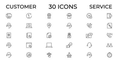 Customer service icon set. Containing customer satisfied, assistance, experience, feedback, operator and technical support icons. Thin outline icons pack. vector