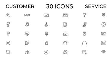 Customer service icon set. Containing customer satisfied, assistance, experience, feedback, operator and technical support icons. Thin outline icons pack. vector
