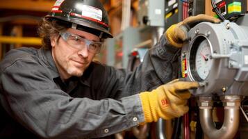 Electrician working with electrical panels, circuit boards photo