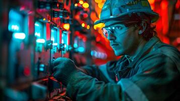 Electrician working with electrical panels, circuit boards photo