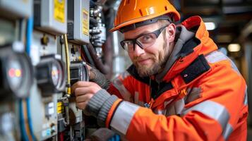 Electrician working with electrical panels, circuit boards photo