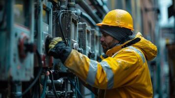 Electrician working with electrical panels, circuit boards photo