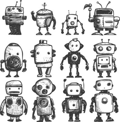 collection set hand drawn doodle cute robot with engraving style