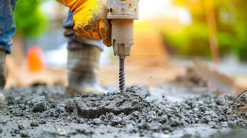 Close-up image of drilling and digging the ground with a power-saving machine. photo