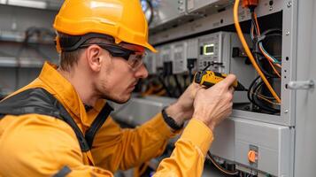 Electrician working with electrical panels, circuit boards photo