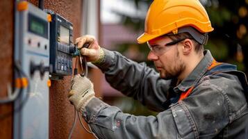 Electrician working with electrical panels, circuit boards photo