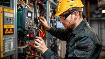 Electrician working with electrical panels, circuit boards photo