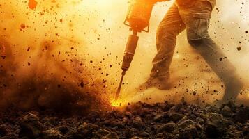 Close-up image of drilling and digging the ground with a power-saving machine. photo