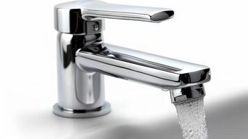 Close-up of silver faucet in the bathroom with splashing water photo