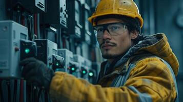 Electrician working with electrical panels, circuit boards photo