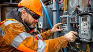 Electrician working with electrical panels, circuit boards photo
