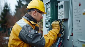 Electrician working with electrical panels, circuit boards photo