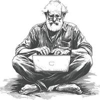 elderly man playing on laptop while sitting cross legged with engraving style vector