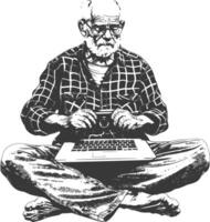 elderly man playing on laptop while sitting cross legged with engraving style vector