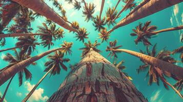 Coconut palm trees on tropical beach vintage nostalgic film color filter stylized and toned photo