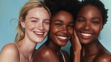Several stunning women of different nationalities, makeup, looking at camera, posing together on isolated beige background. photo