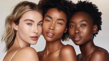 Several stunning women of different nationalities, makeup, looking at camera, posing together on isolated beige background. photo