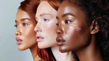 Several stunning women of different nationalities, makeup, looking at camera, posing together on isolated beige background. photo