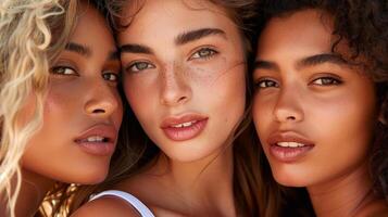 Several stunning women of different nationalities, makeup, looking at camera, posing together on isolated beige background. photo