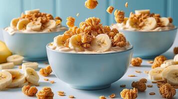 Healthy breakfast concept with banana and corn flakes photo