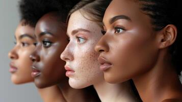 Several stunning women of different nationalities, makeup, looking at camera, posing together on isolated beige background. photo