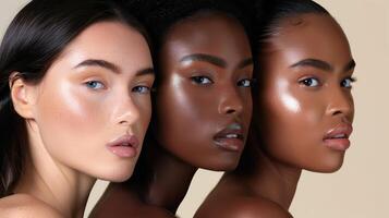 Several stunning women of different nationalities, makeup, looking at camera, posing together on isolated beige background. photo