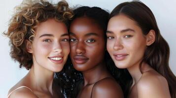Several stunning women of different nationalities, makeup, looking at camera, posing together on isolated beige background. photo