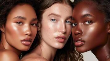 Several stunning women of different nationalities, makeup, looking at camera, posing together on isolated beige background. photo